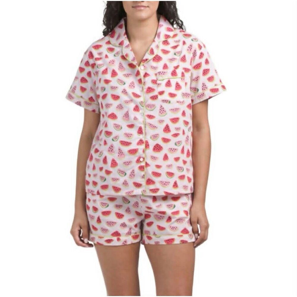 Crafted By Mahogany 100% Cotton Watermelon Print Shorts Button Down Pajama Set L